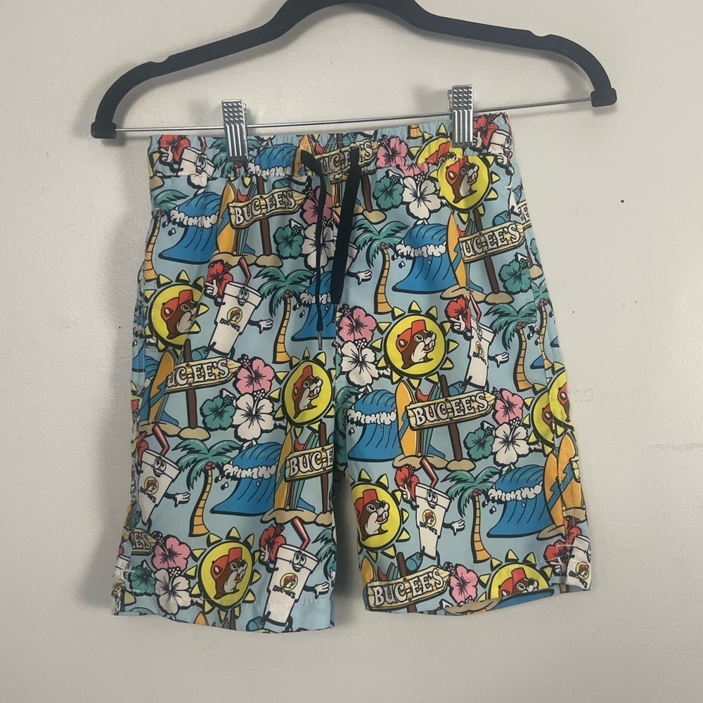 Buc-ees Beaver YS Boys Swim Trunks Shorts Palm Trees Beach Tropical Cartoon